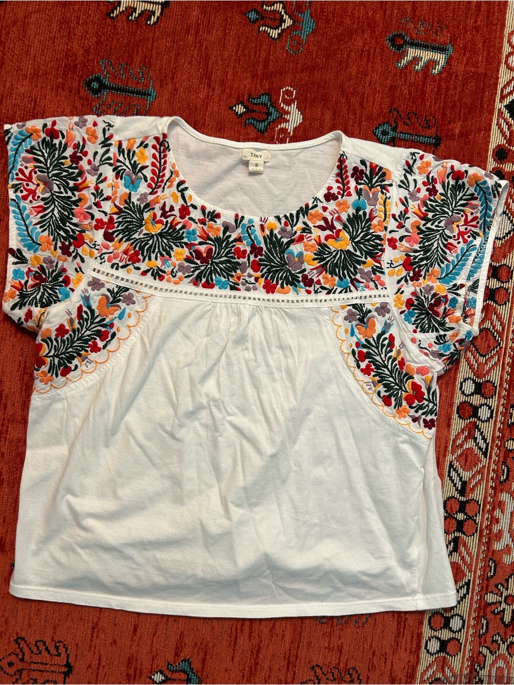 White Embroidered Floral Short Sleeve Top